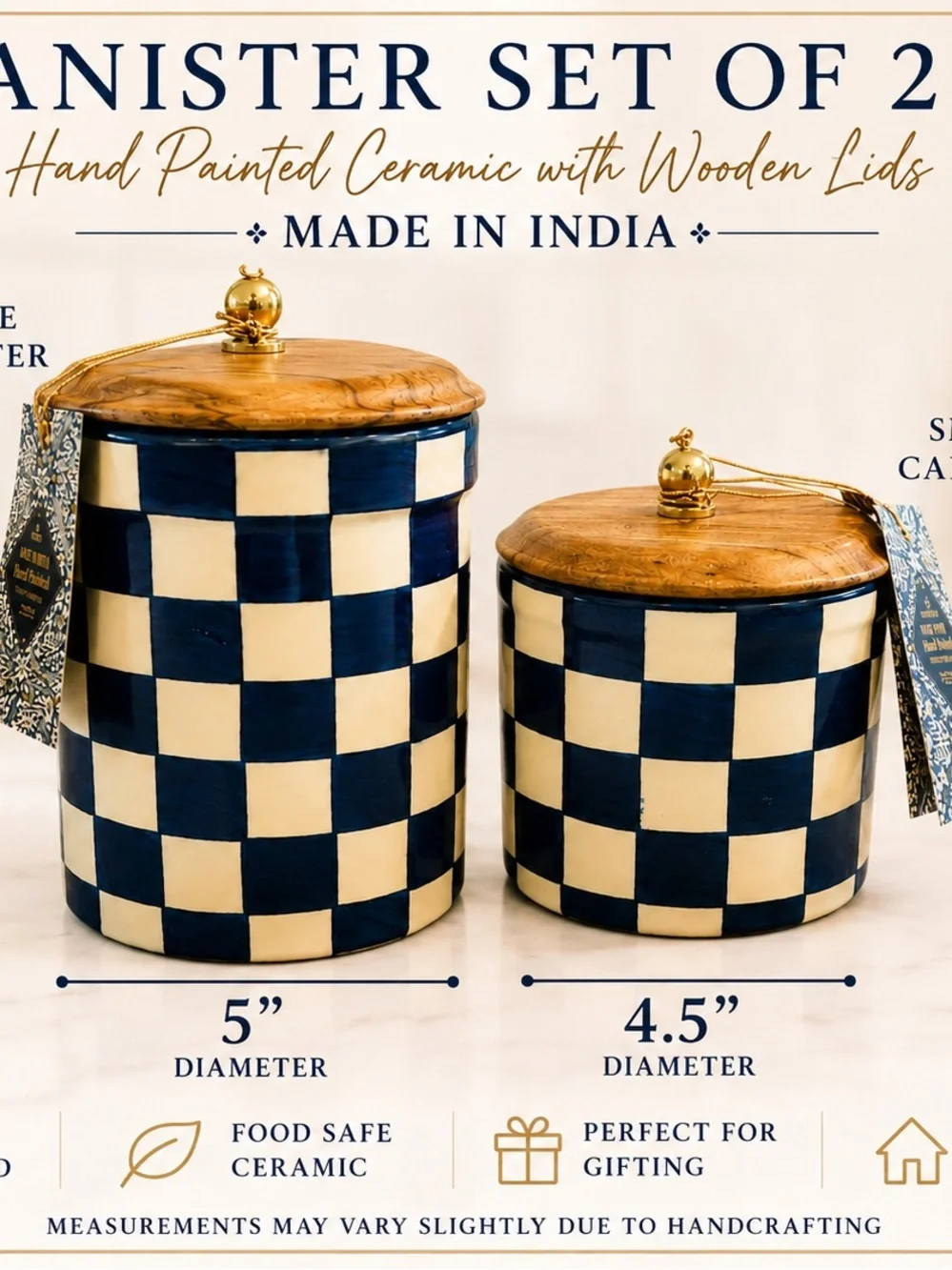 Hand-Painted Checkered Ceramic Jar with Wood Lid